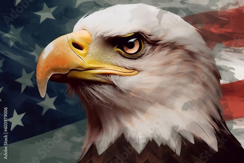Closeup profile of North American bald eagle against USA flag. The 4th of July celebration photo