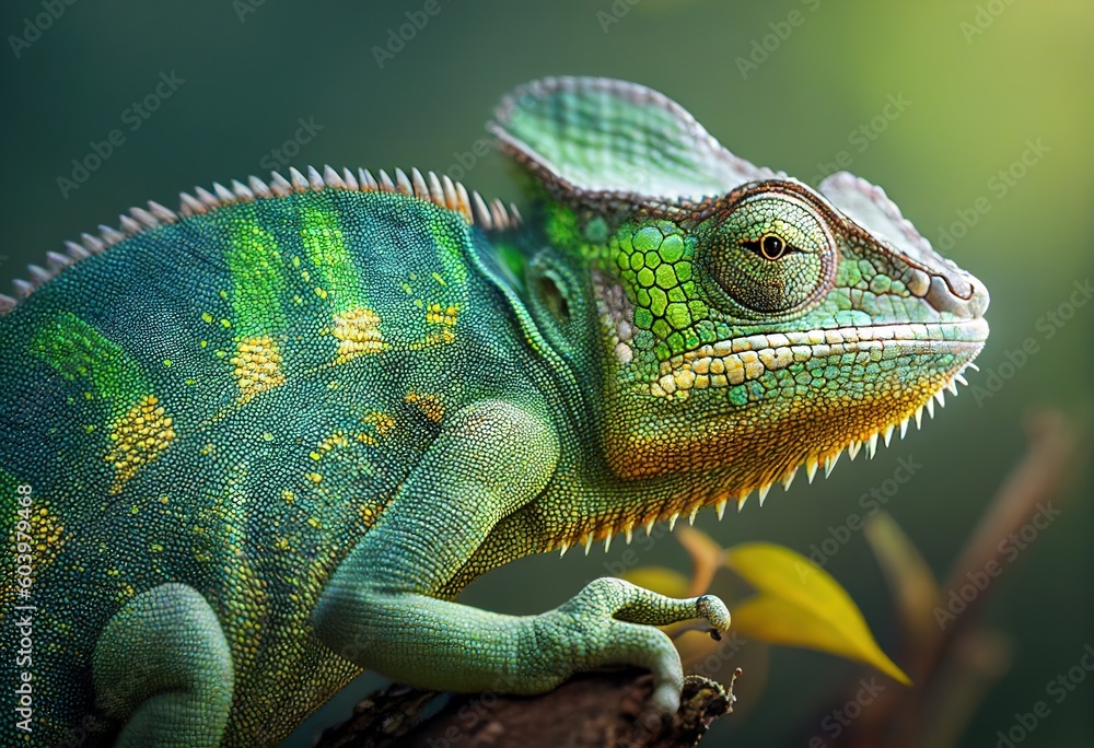 Fototapeta premium Green colored chameleon close up. Generative AI.