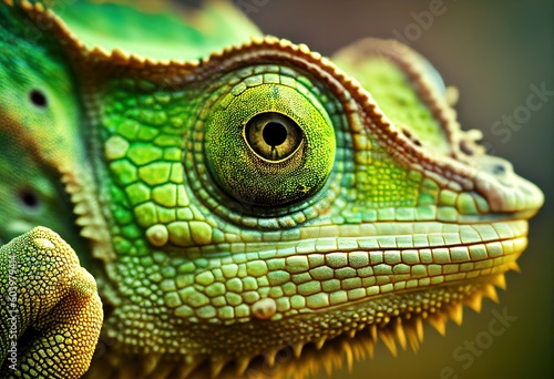 Green colored chameleon close up. Generative AI.