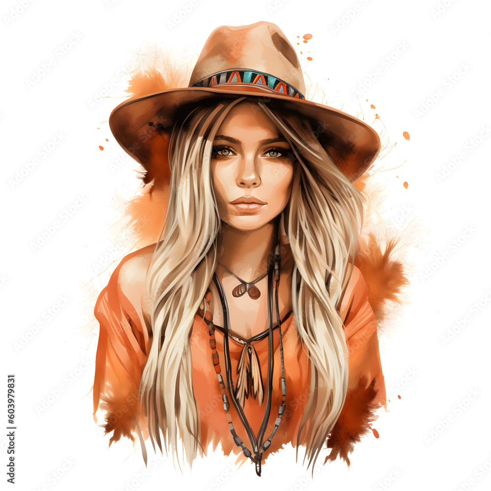 Watercolor beautiful woman in bohemian style with hat and transparent background, generated AI Watercolor beautiful woman in bohemian style with hat and transparent background, generated AI