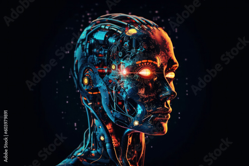 Futuristic humanoid robot with glowing eyes and digital brain, processing big data and learning. Artificial intelligence technology concept. AI Generative.