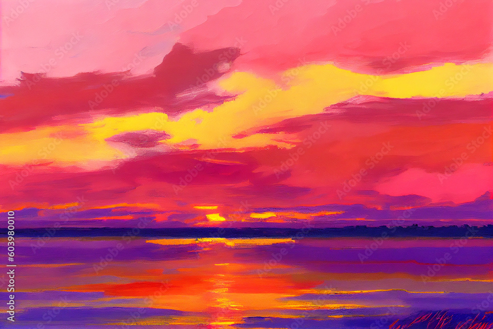Fototapeta premium A serene illustration capturing the beauty of a sunset over a lake, featuring a mesmerizing display of vibrant shades of orange, pink, and purple in the sky, generative ai