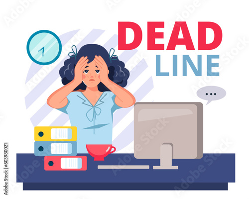 Deadline. A tired, tense woman clutching her head is sitting at a computer desk with stacks of folders. An office worker, overwhelmed with work, reports and calls. Vector illustration