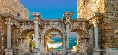Welcome to the magnificent Antalya concept. Collage of famous landmarks: Hadrian's Gate old town Kaleici district and Konyaaltı beach popular holiday destination in Antalya, Turkey
