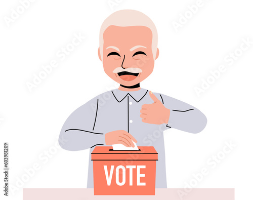 Vector illustration of senior man making positive gesture and voting for democracy. Elder person introducing ballot on container box