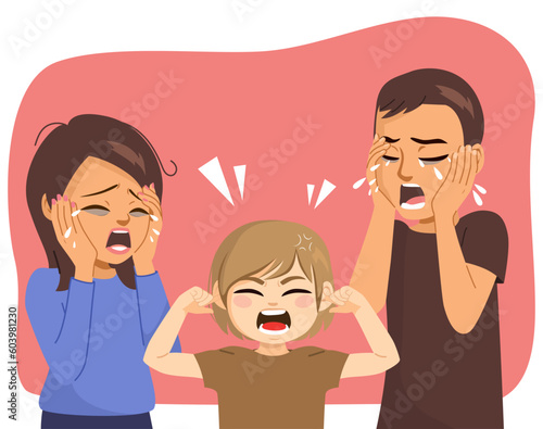Vector illustration of father and mother crying desperately with son having a tantrum. Husband and wife having problem with spoiled child