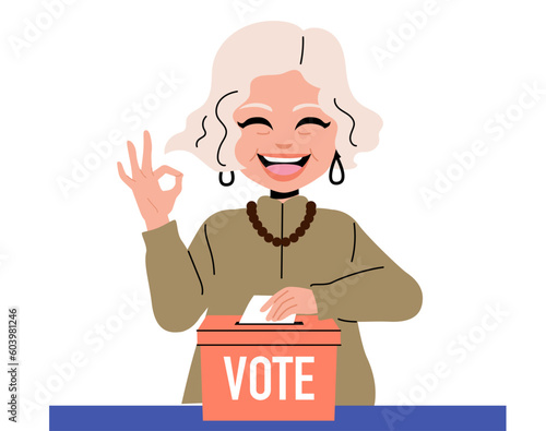 Vector illustration of senior woman inserting ballot on vote box. Female pensioner making ok gesture holding white paper voting