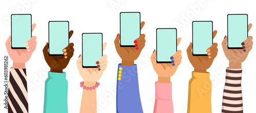 Vector illustration of diverse male and female hands holding mockup smartphone. Set collection of raised arms texting with mobile phones