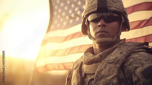 soldat avec casque lourd et lunettes de soleil devant un drapeau des états unis au soleil couchant