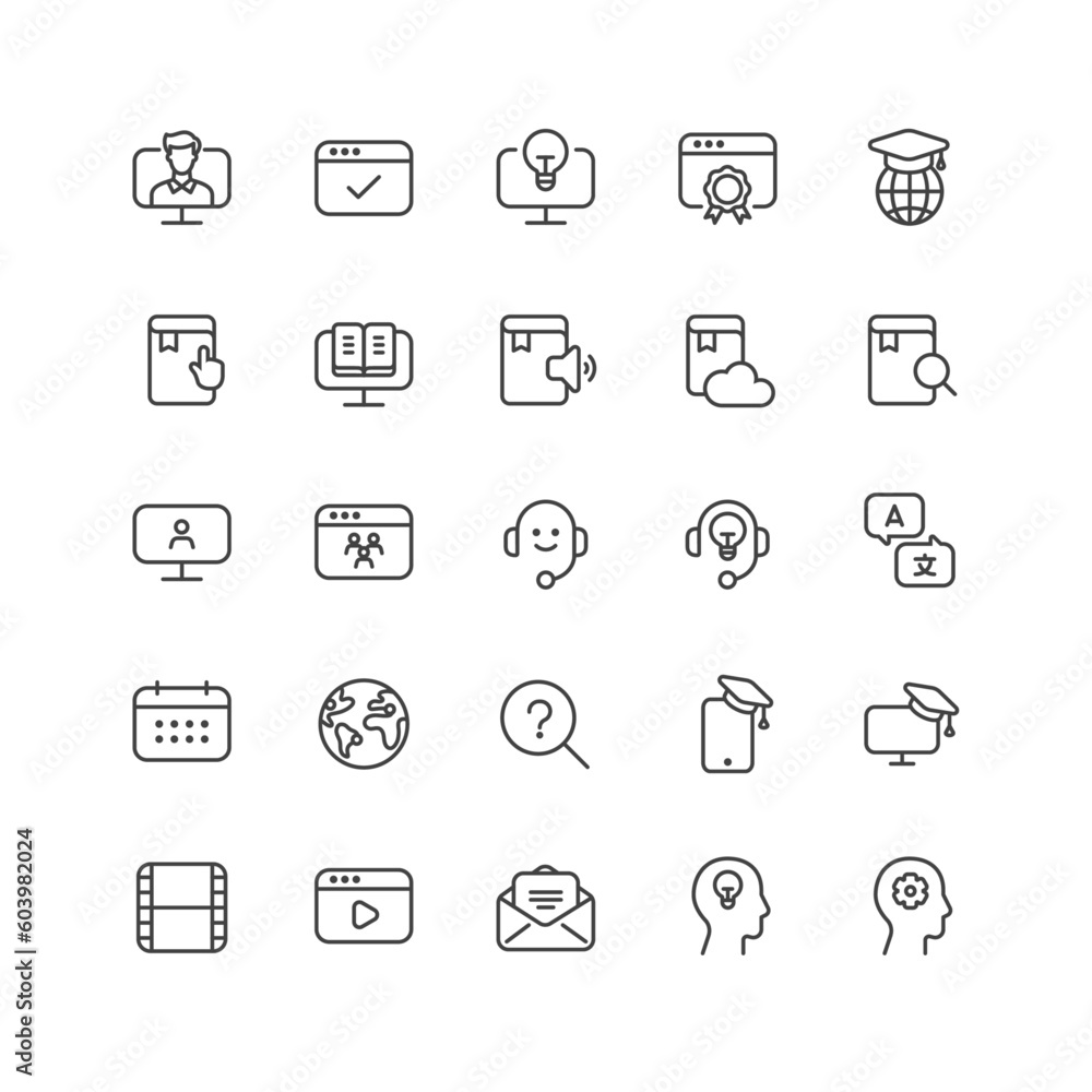 Outline style ui icons education and school class collection. Vector black linear icon illustration set. Online training course, library symbol. Design element for global university, college Outline style ui icons education and school class collection. Vector black linear icon illustration set. Online training course, library symbol. Design element for global university, college