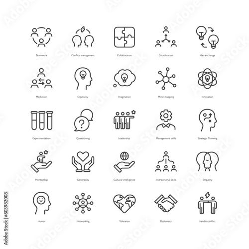 Outline style ui icons soft skill for business collection. Vector black linear icon illustration set. Concept of abilities for work efficiency symbol isolated. Design for corporate training