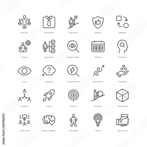 Outline style ui icons soft skill for business collection. Vector black linear icon illustration set. Corporate training of useful work abilities symbol isolated on white background. Design elements