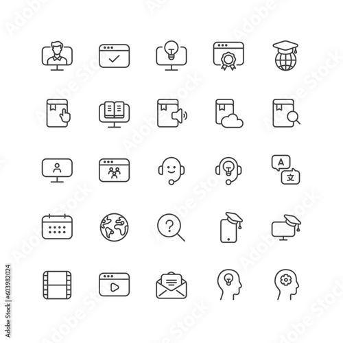 Outline style ui icons education and school class collection. Vector black linear icon illustration set. Online training course, library symbol. Design element for global university, college