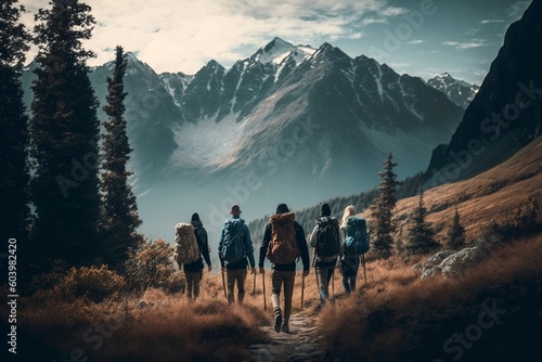 Friends Hiking in Picturesque Mountains. AI