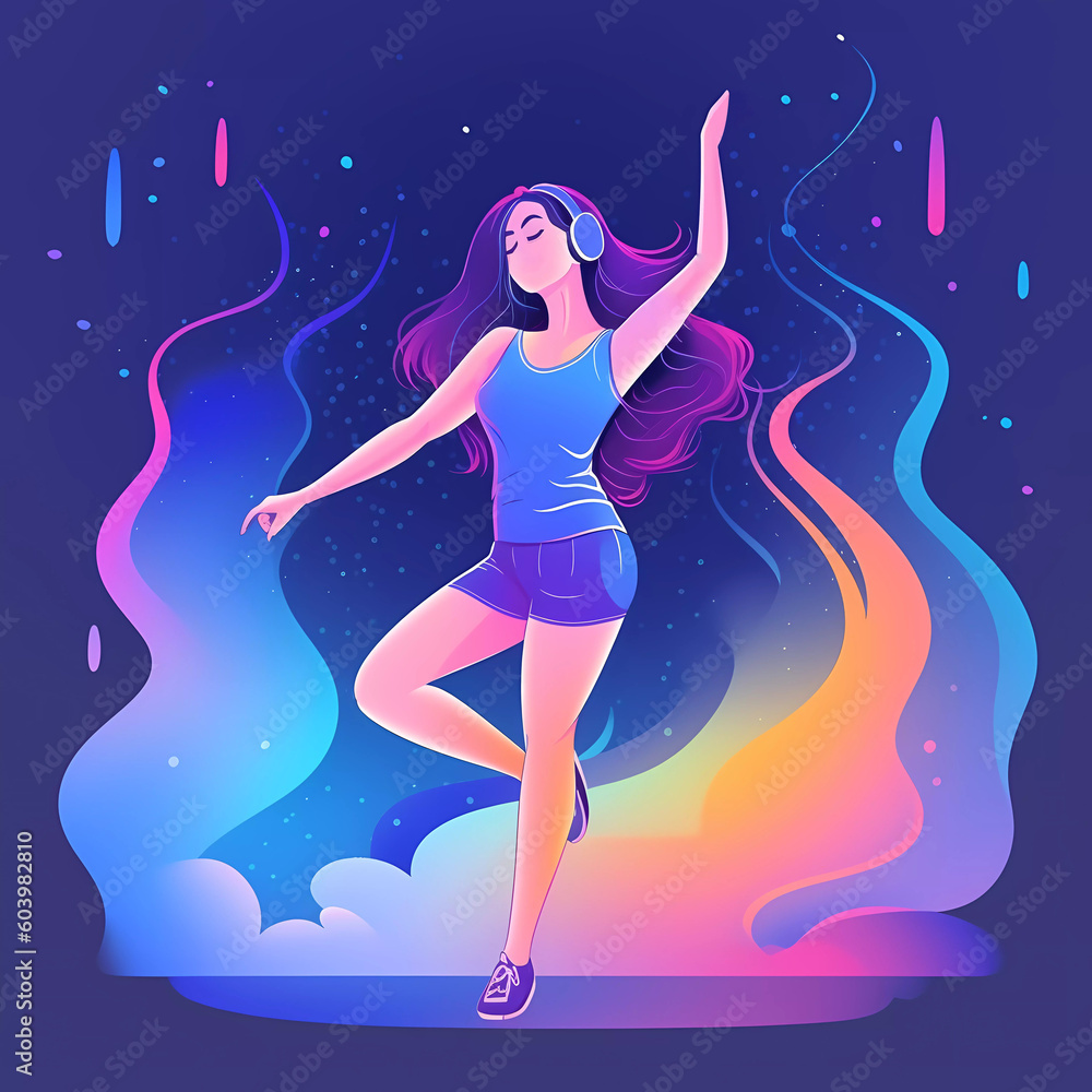Illustration dancing girl, colored music, visible sounds