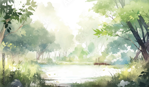 Tropical watercolor plants and flowers, summer holiday landscape banner