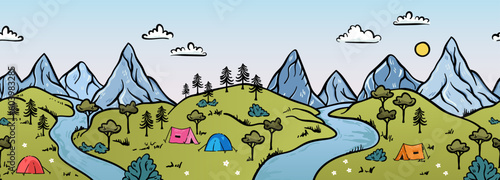 Cute hand drawn landscape with mountains, tents, trees, hills. Simple illustrated landscape, adventure - great for banners, wallpapers, cards.