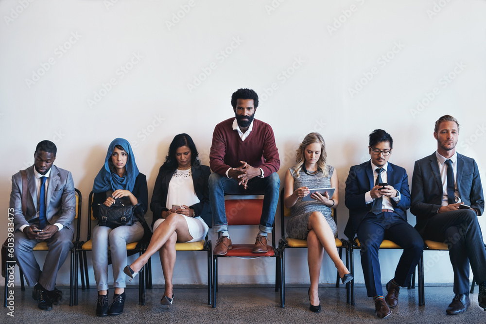 Fototapeta premium Recruitment, group and stand out person waiting, job interview and hiring opportunity in business. Portrait, people and work recruiting success or career, human resources and resume application