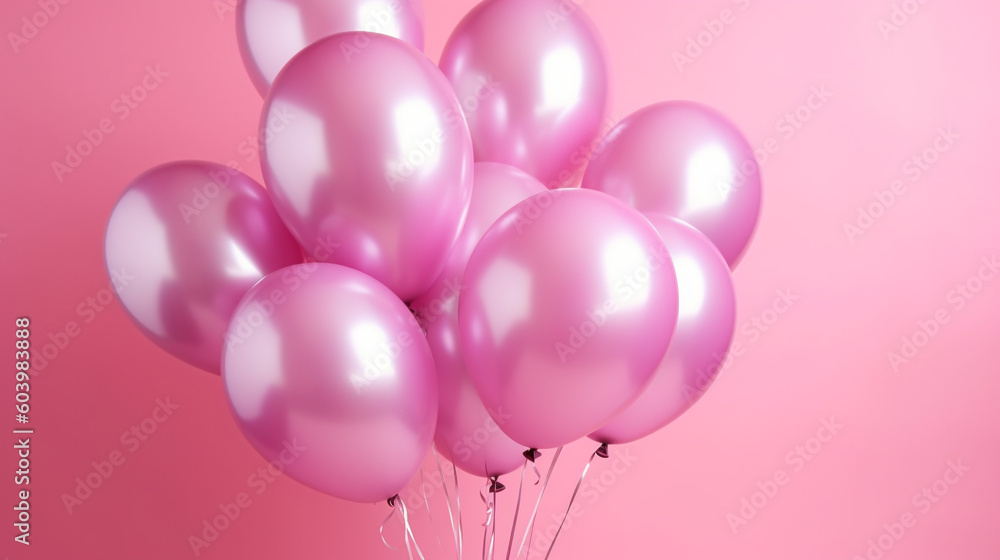 A generative AI image of pink helium party balloons floating on a pink background A generative AI image of pink helium party balloons floating on a pink background