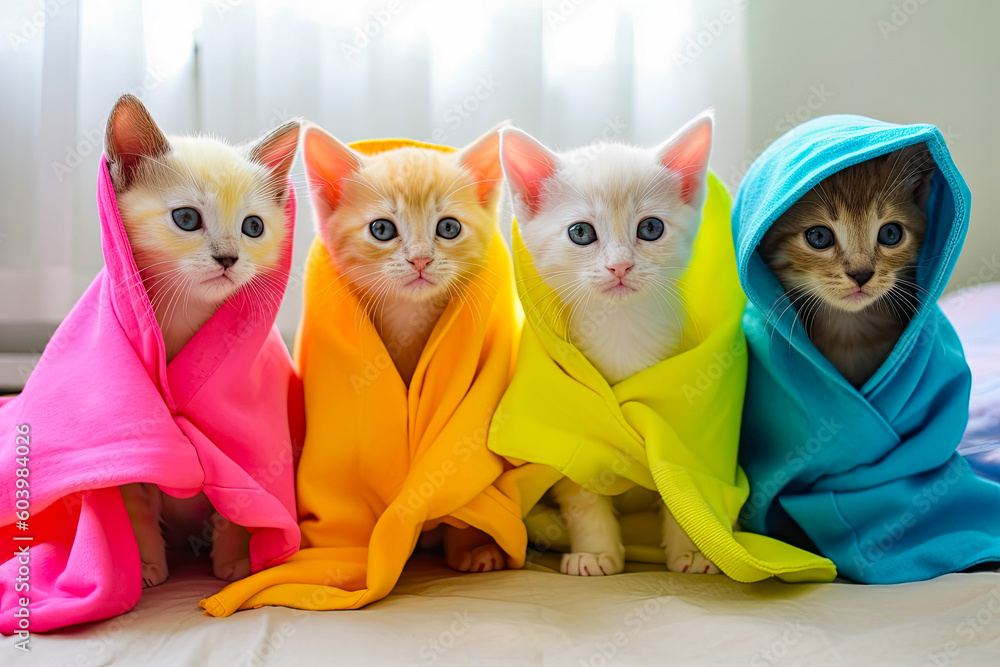 Fototapeta premium Cute cats dressed in colorful capes, generative ai