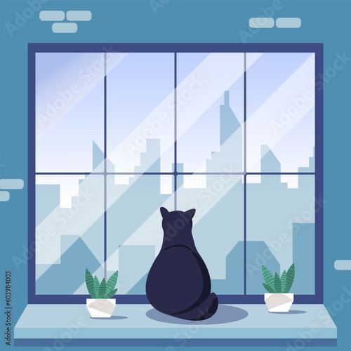 A black cat sits on the windowsill and looks out the window at the big city. A domestic cat looks out the window at the street. Vector illustration