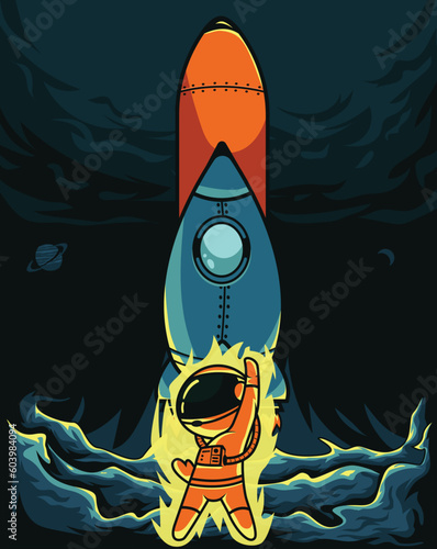 Retro style vector of a space shuttle taking a flight to the space with an explosion on the ground in a monochromatic color with a chibi astronaut wearing a space suit posing filled with power png. 