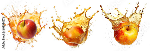 fresh, ripe apple with dynamic apple juice splash variations on transparent background