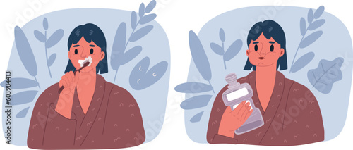 Vector illustration of Woman brushing teeth with toothbrush. Dental health and hygiene concept.