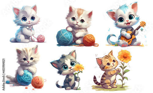 watercolor set of cute cats, transparent background, generated ai