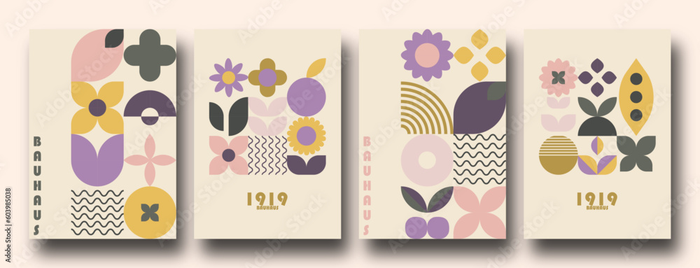 Geometric minimalist Spring / Summer posters. Modern soft bauhaus inspired shapes, primitive blocks swiss style. Trendy flowers and crops art templates.