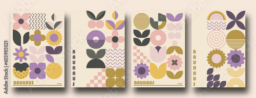 Geometric minimalist Spring / Summer posters. Modern soft bauhaus inspired shapes, primitive blocks swiss style. Trendy flowers and crops art templates.