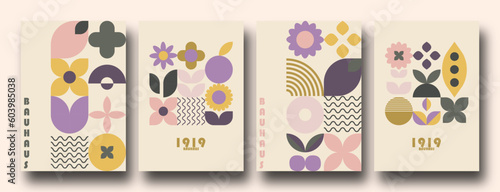 Geometric minimalist Spring / Summer posters. Modern soft bauhaus inspired shapes, primitive blocks swiss style. Trendy flowers and crops art templates.