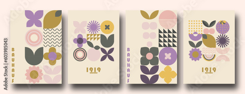 Geometric minimalist Spring / Summer posters. Modern soft bauhaus inspired shapes, primitive blocks swiss style. Trendy flowers and crops art templates.