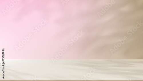 Beige,Pink 3d Studio background display with shadow leaves overlay on cement wall room,Horizon scene soft light of branches leaf,Concept for Cosmetic product presentation,Sale,Online shop, Promotion