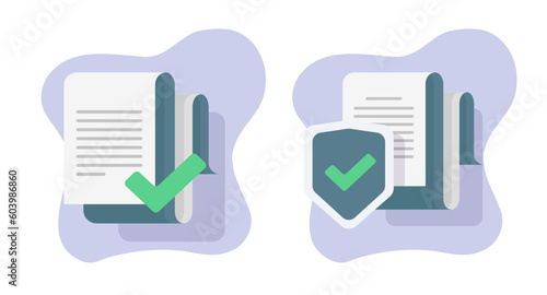 Document contract fraud check verify approve icon vector, digital privacy reviewed permission shield, private secure information data protection illustration flat with checkmark tick image clipart