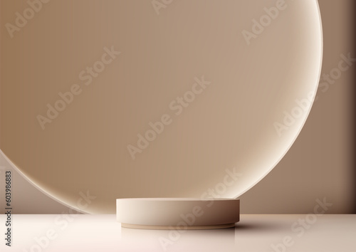 3D realistic modern style empty beige podium with circle backdrop on brown background