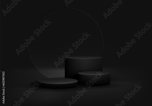 3D realistic group of empty black cylinder podium stand with transparent glass circle backdrop on dark background