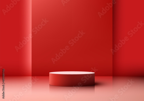 3D realistic empty red podium pedestal stand minimal wall scene on red background