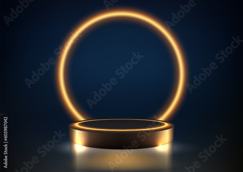 3D realistic empty gold podium stand with glowing golden circle illuminated neon lighting frame backdrop