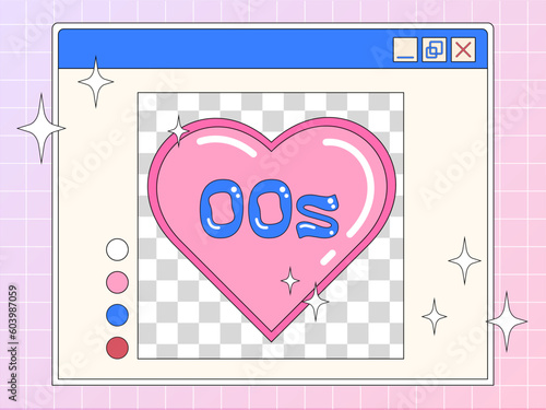 Trendy Y2k illustration of a retro computer window with cute pink heart, retro postcard, banner in 2000s aesthetic.