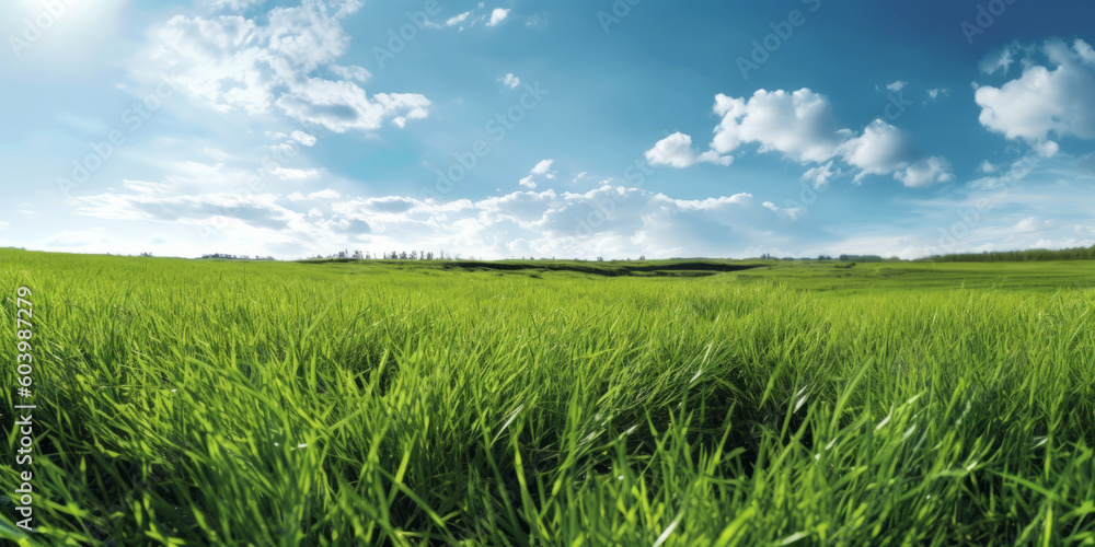 Fototapeta premium Campo verde di erba fresca con cielo azzuzzo