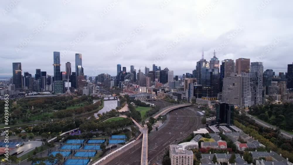 Drone dolly in dramatic lightning Melbourne downtown skyline on a cloudy evening Drone dolly in dramatic lightning Melbourne downtown skyline on a cloudy evening