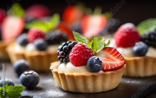 Strawberry and Berries vanilla cream cheese tarts over wooden table, Macro photography, Food Photography