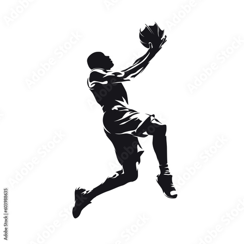 Basketball player scoring, isolated vector silhouette, side view. Basketball logo