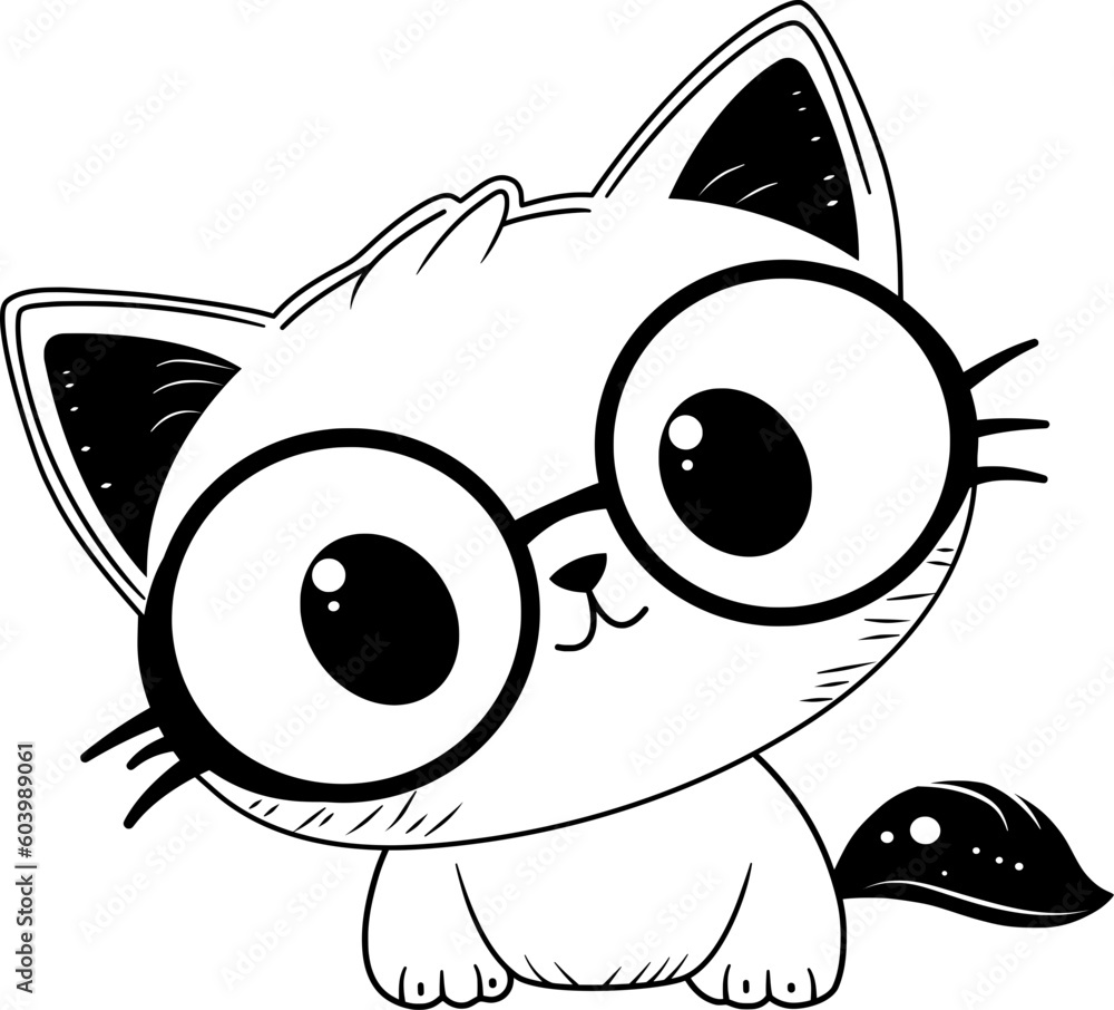 Kawaii Cat Character Line Art Illustration