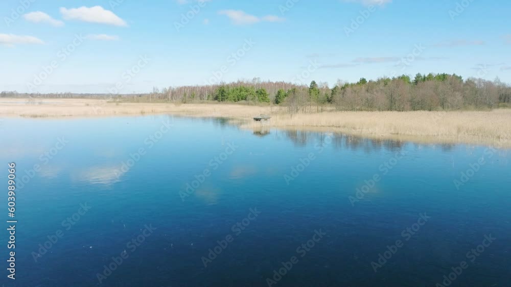 Aerial establishing view of the lake overgrown with dry reeds, lake Pape nature park (Rucava, Latvia), sunny spring day, small birdwatching house on the shore, wide drone shot moving forward Aerial establishing view of the lake overgrown with dry reeds, lake Pape nature park (Rucava, Latvia), sunny spring day, small birdwatching house on the shore, wide drone shot moving forward