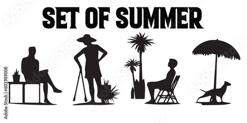 A set of silhouettes of people and a plant of summer vector illustration.