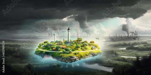 Landscape with industrial plants and natural island, Generative AI