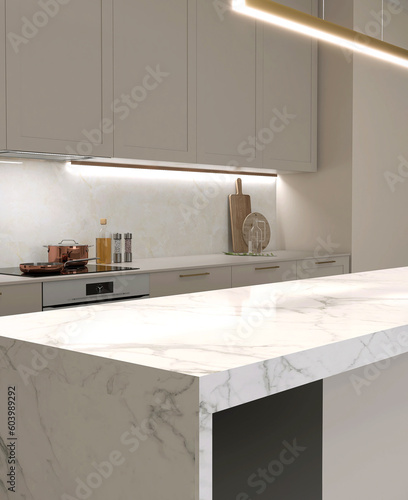 Modern white marble top dining table island, pendant light in luxury beige kitchen counter, hidden light, splash back, cabinet counter, cupboard for interior decoration product display background 3D