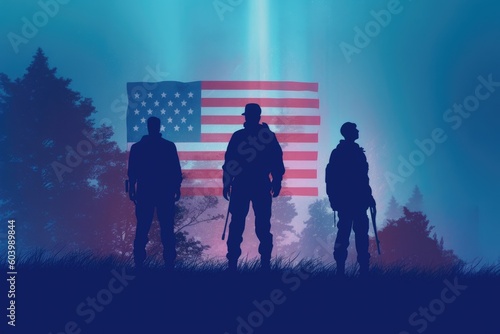 Illustration for Independence Day of the United States, July 4th - Soldiers with American flag under a beautiful sun. Generative AI